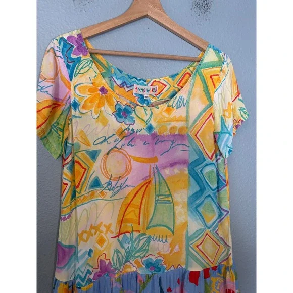 Vintage Jams World Hattie Sailboat Geometric Floral Dropwaist Dress Mini Medium - Picture 3 of 8